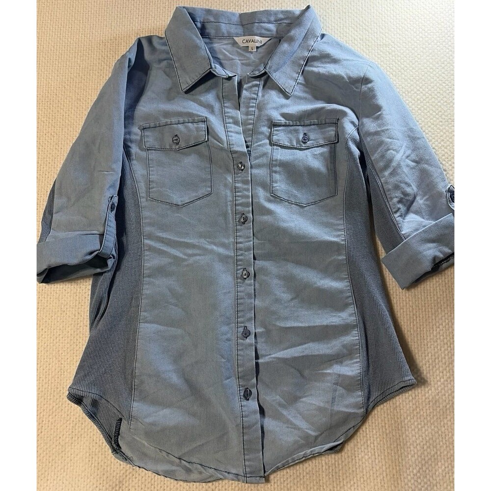 Cavalini Women's Chambray Button-Down Shirt Size L Blue Roll-Tab Sleeve Top